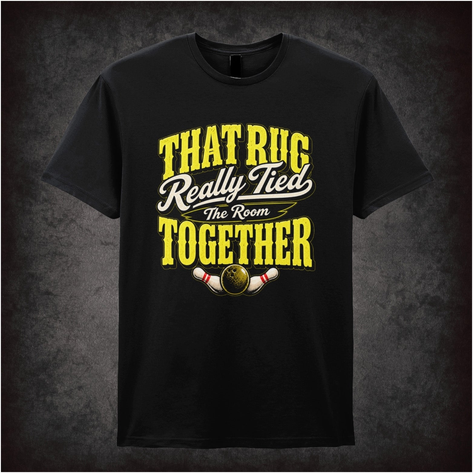 ‘That rug really tied the room together’ text T-shirt in black from The Big Lebowski