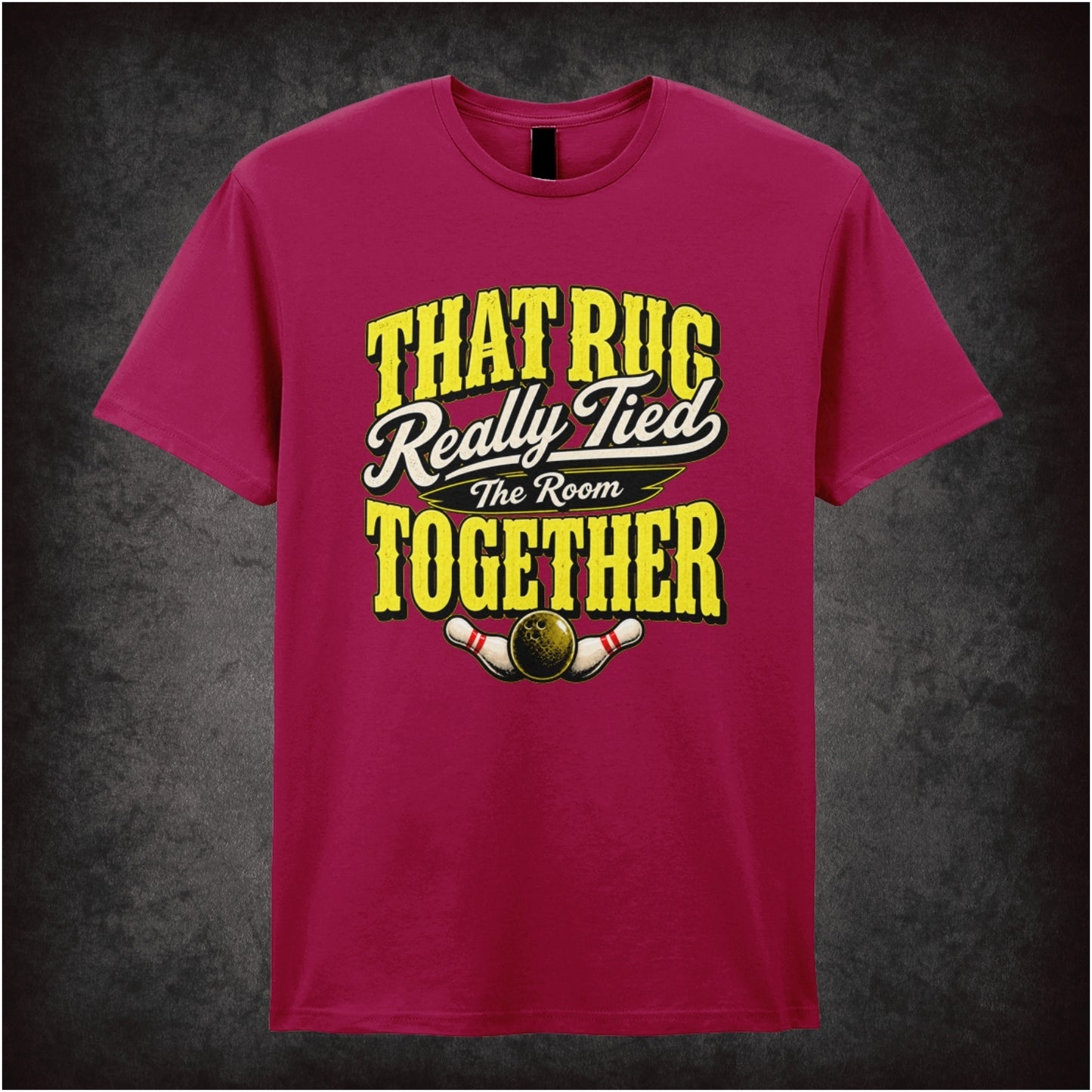 ‘That rug really tied the room together’ text T-shirt in cardinal red from The Big Lebowski