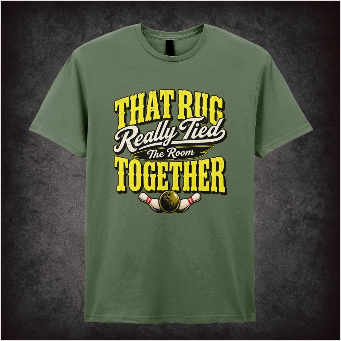 ‘That rug really tied the room together’ text T-shirt in military green from The Big Lebowski