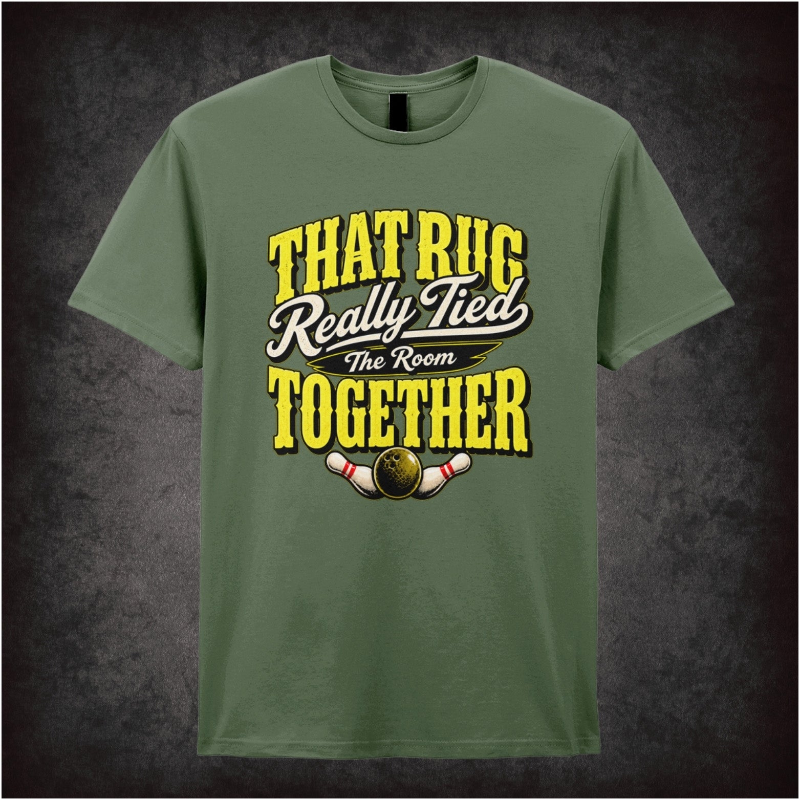 ‘That rug really tied the room together’ text T-shirt in military green from The Big Lebowski