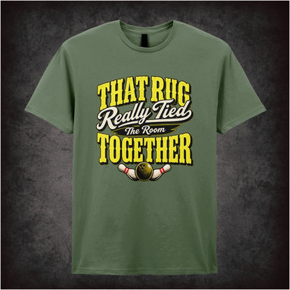 ‘That rug really tied the room together’ text T-shirt in military green from The Big Lebowski