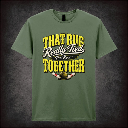 ‘That rug really tied the room together’ text T-shirt in military green from The Big Lebowski