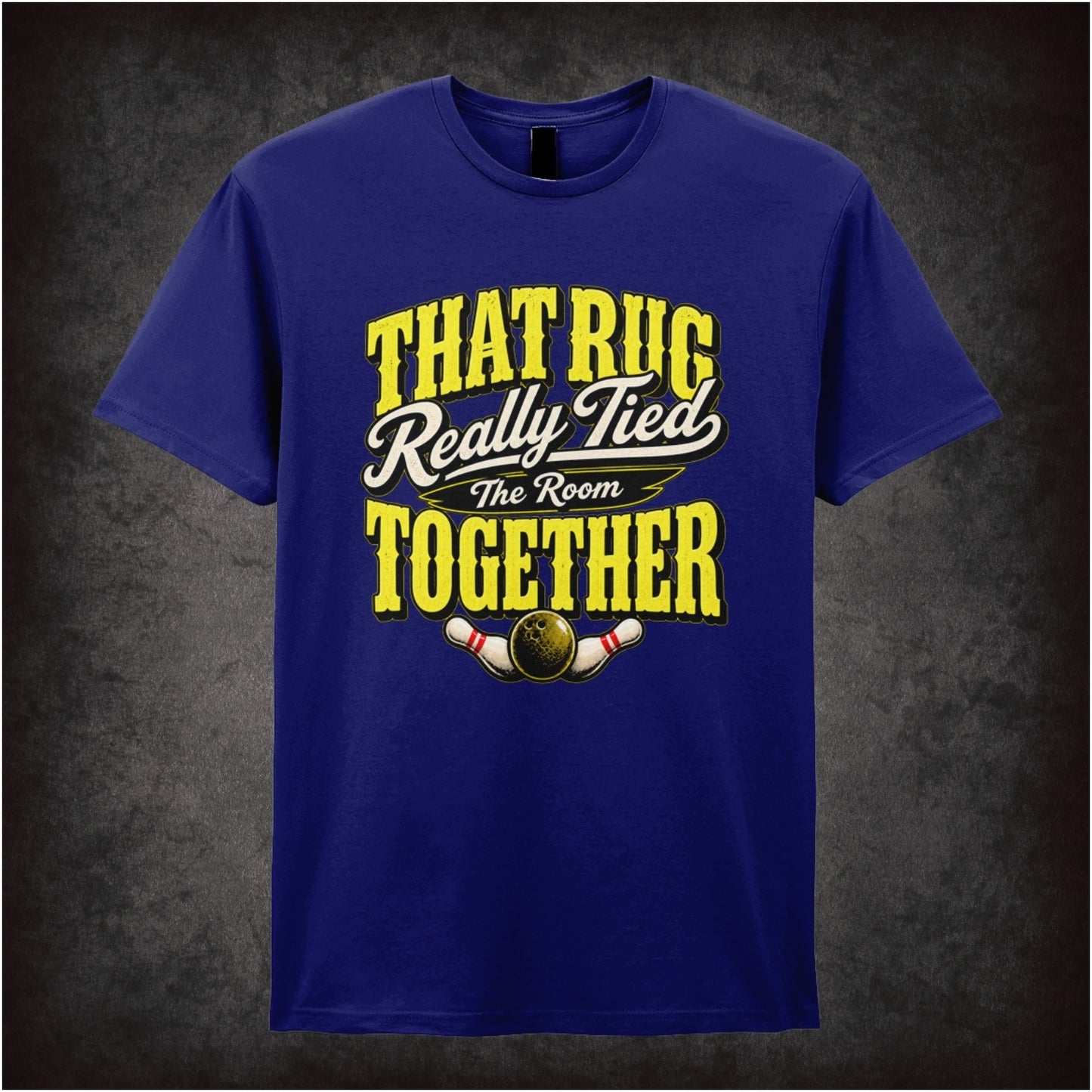 ‘That rug really tied the room together’ text T-shirt in navy from The Big Lebowski
