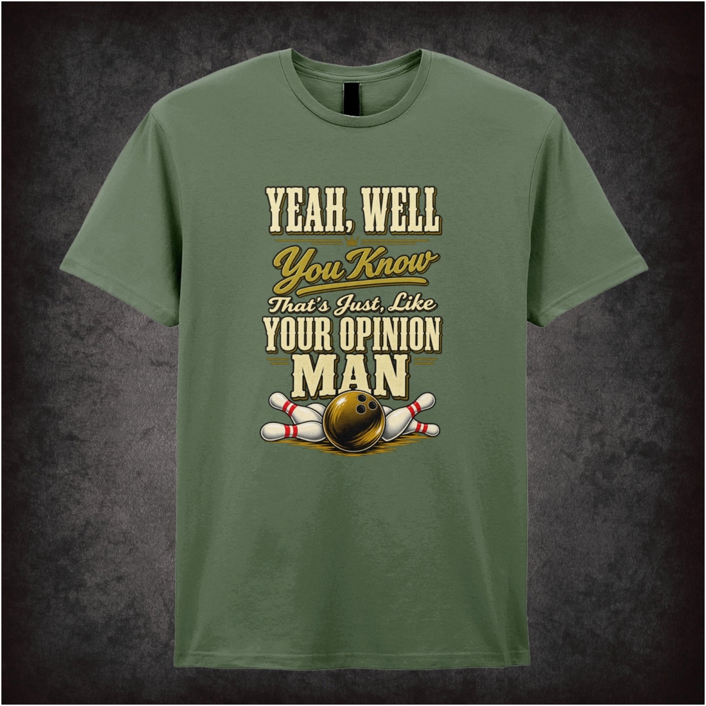 The Dude portrait ‘that’s just like your opinion, man’ T-shirt in military green from The Big Lebowski