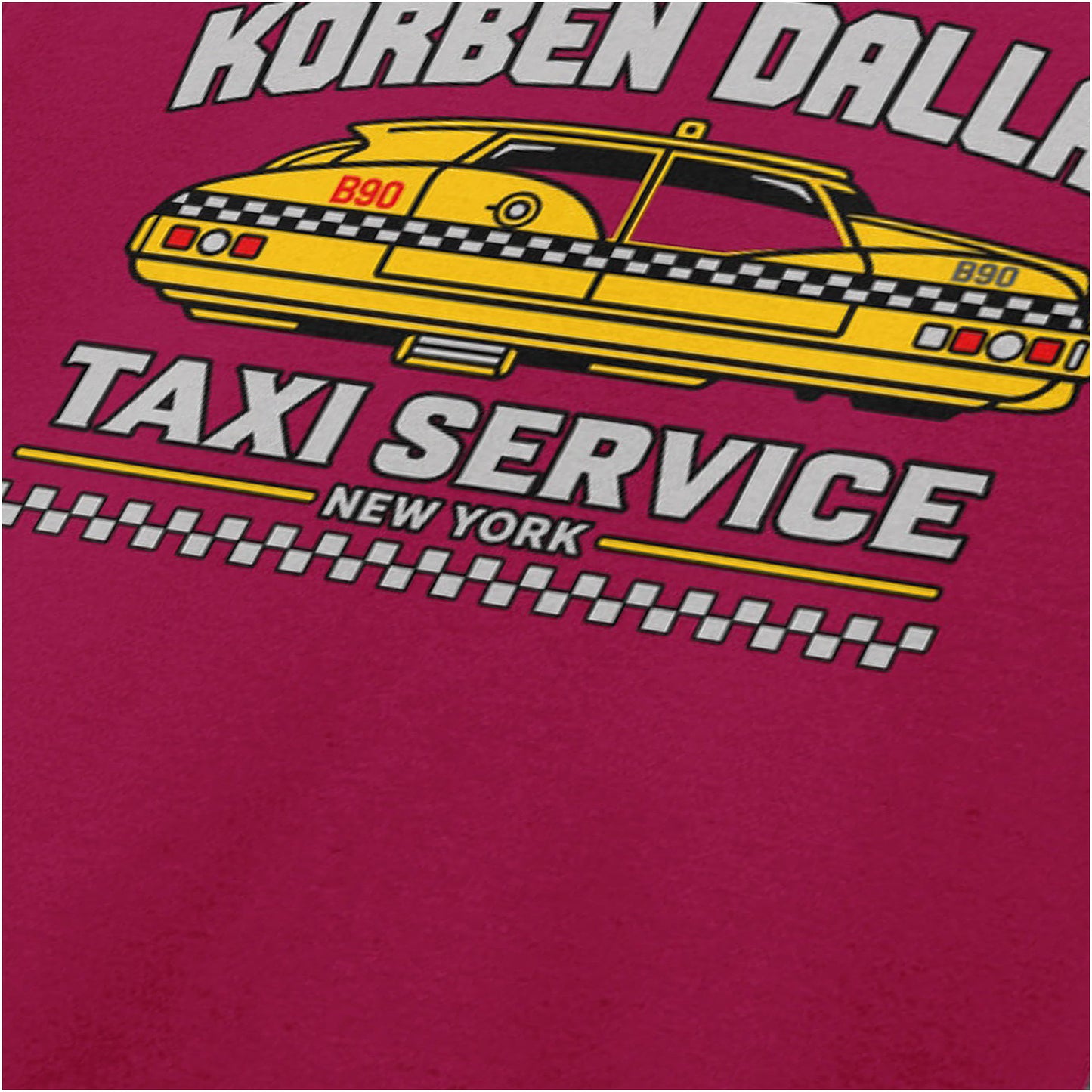 Korben Dallas Taxi Service logo close up T-shirt in cardinal red from The Fifth Element