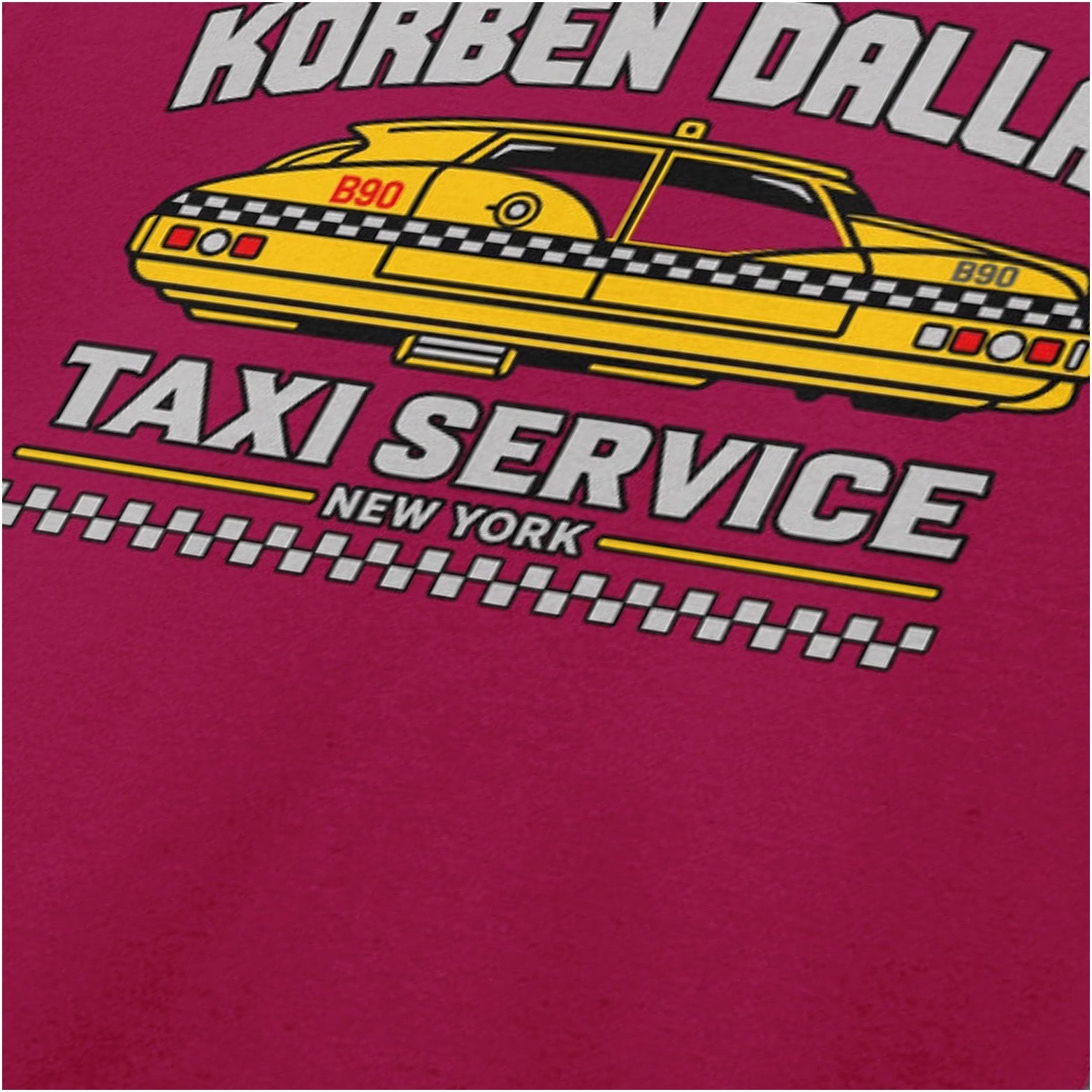 Korben Dallas Taxi Service logo close up T-shirt in cardinal red from The Fifth Element