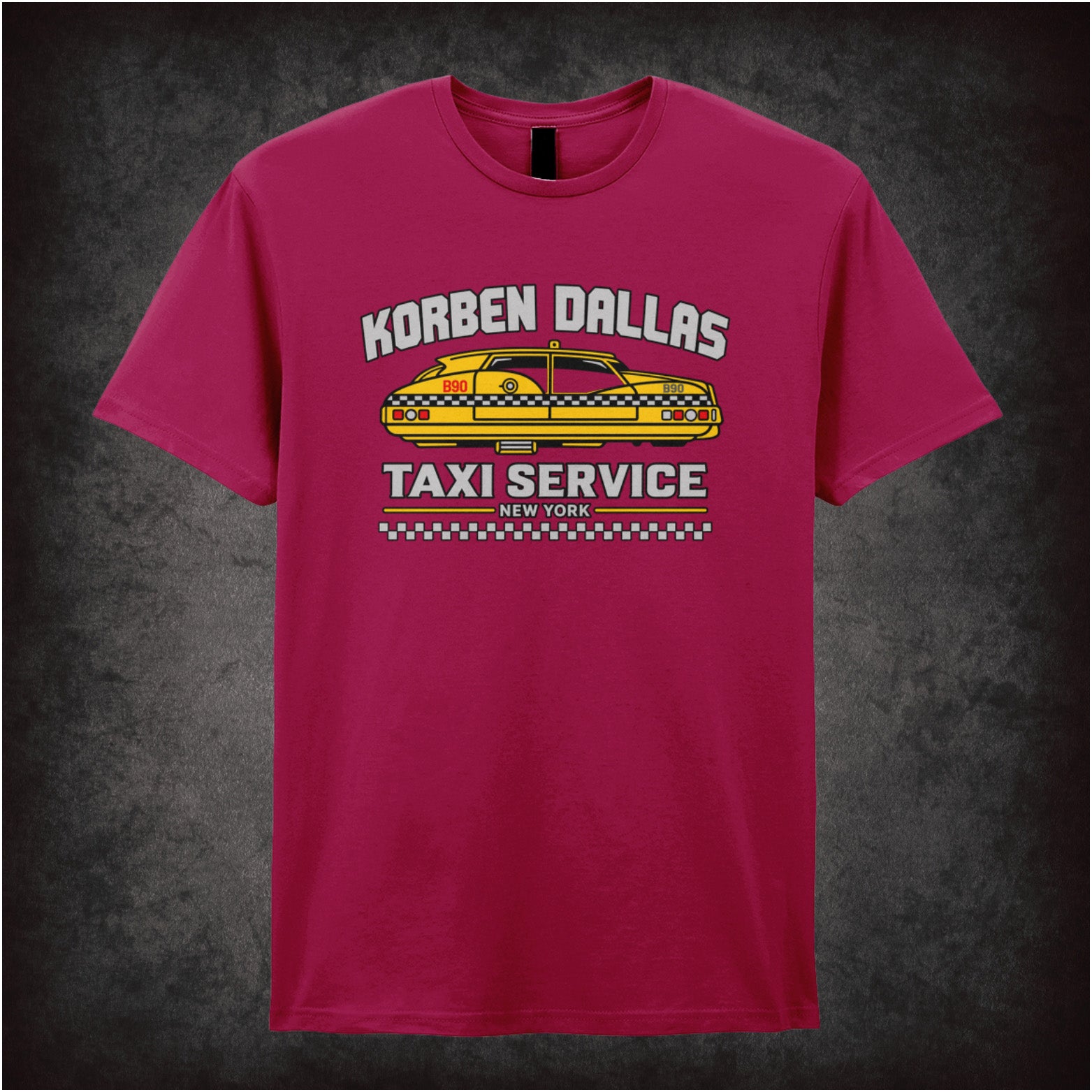 Korben Dallas Taxi Service logo T-shirt in cardinal red from The Fifth Element