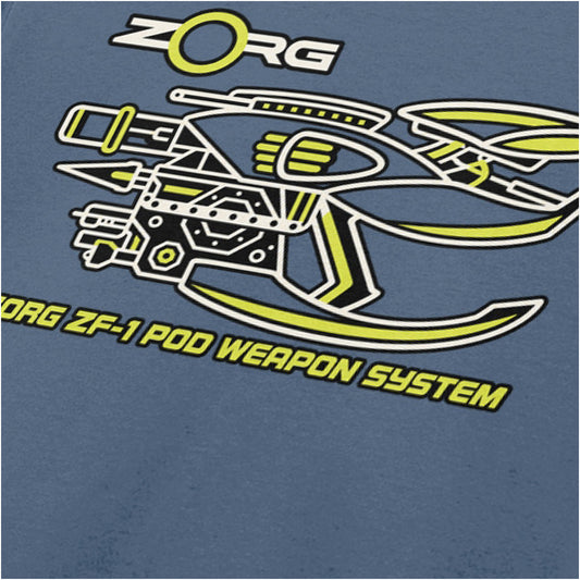 Zorg ZF-1 pod weapon system schematic close up T-shirt in indigo from The Fifth Element