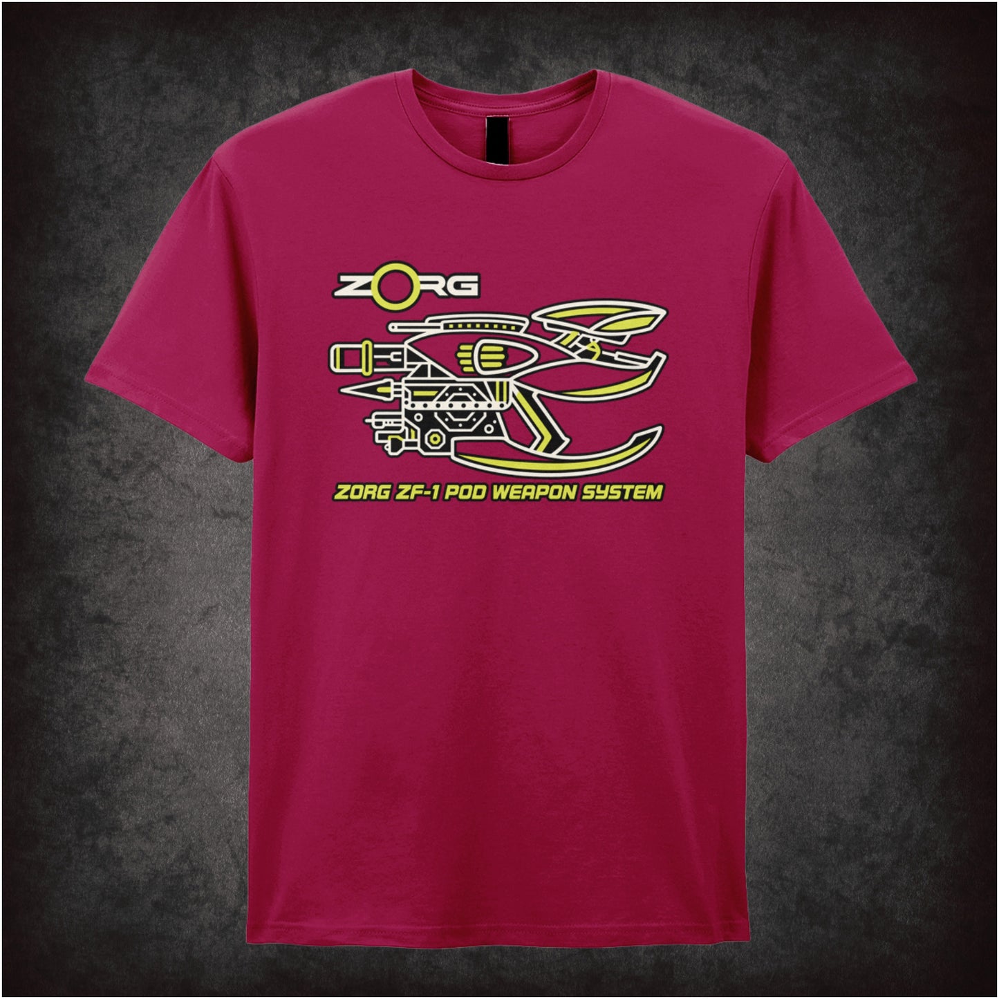 Zorg ZF-1 pod weapon system schematic T-shirt in cardinal red from The Fifth Element