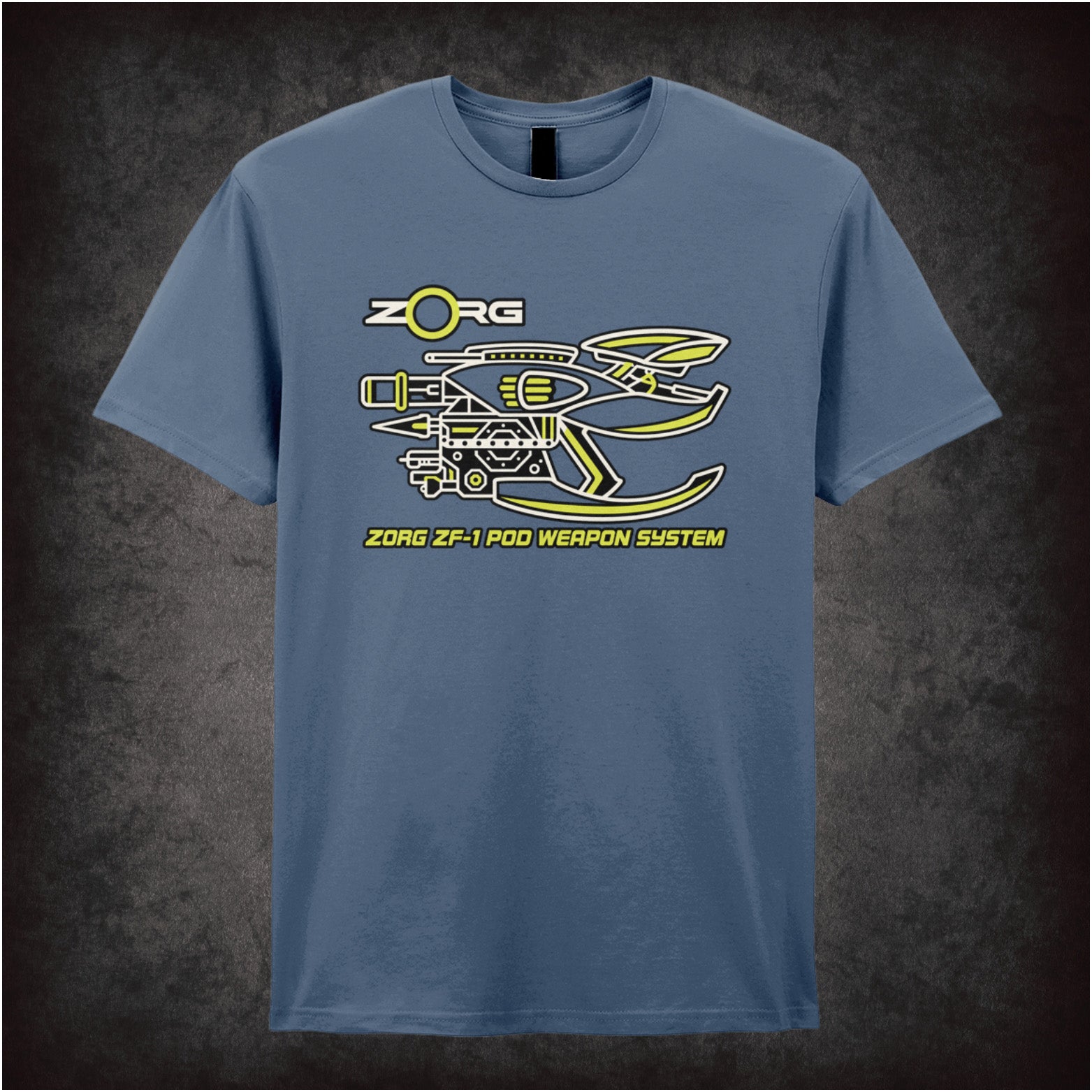 Zorg ZF-1 pod weapon system schematic T-shirt in indigo from The Fifth Element