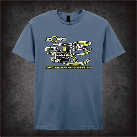 Zorg ZF-1 pod weapon system schematic T-shirt in indigo from The Fifth Element
