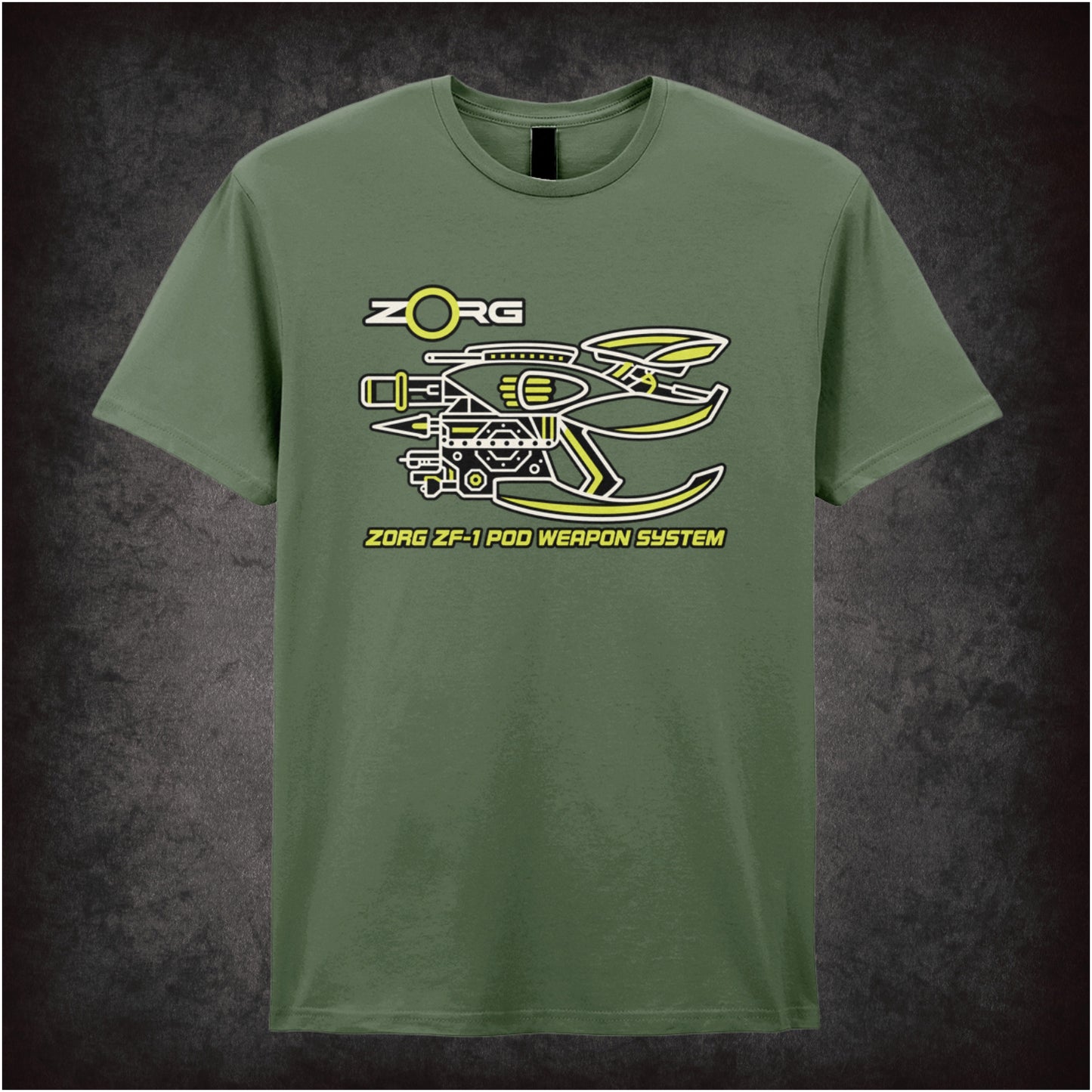 Zorg ZF-1 pod weapon system schematic T-shirt in military green from The Fifth Element