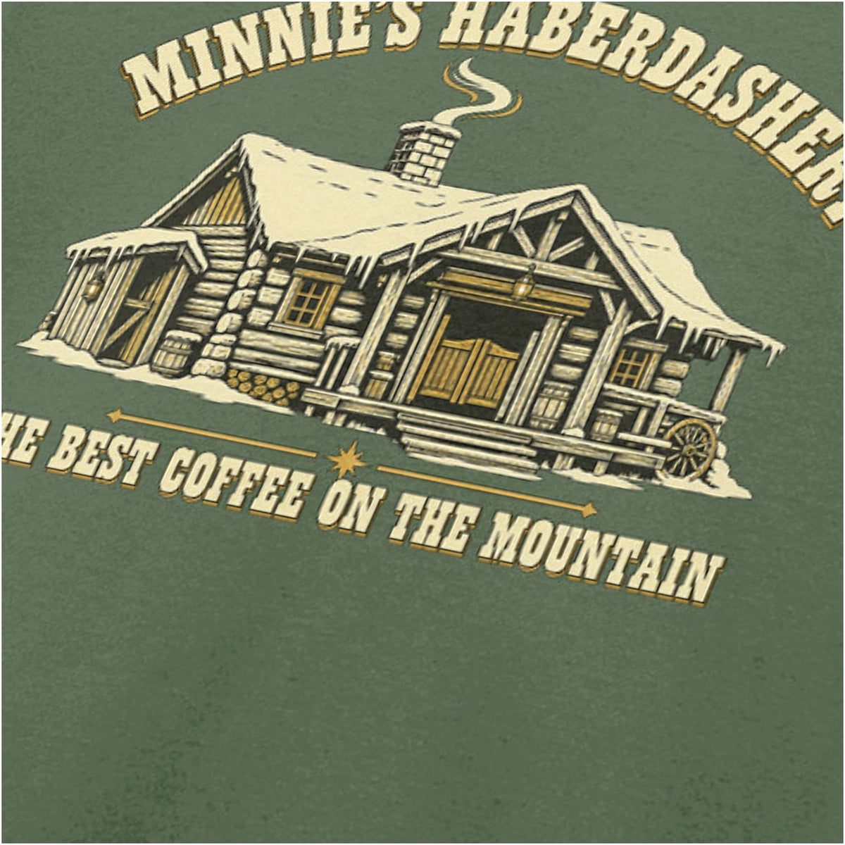 Minnie’s Haberdashery ‘The best coffee on the mountain’ close up T-shirt in military green from The Hateful Eight