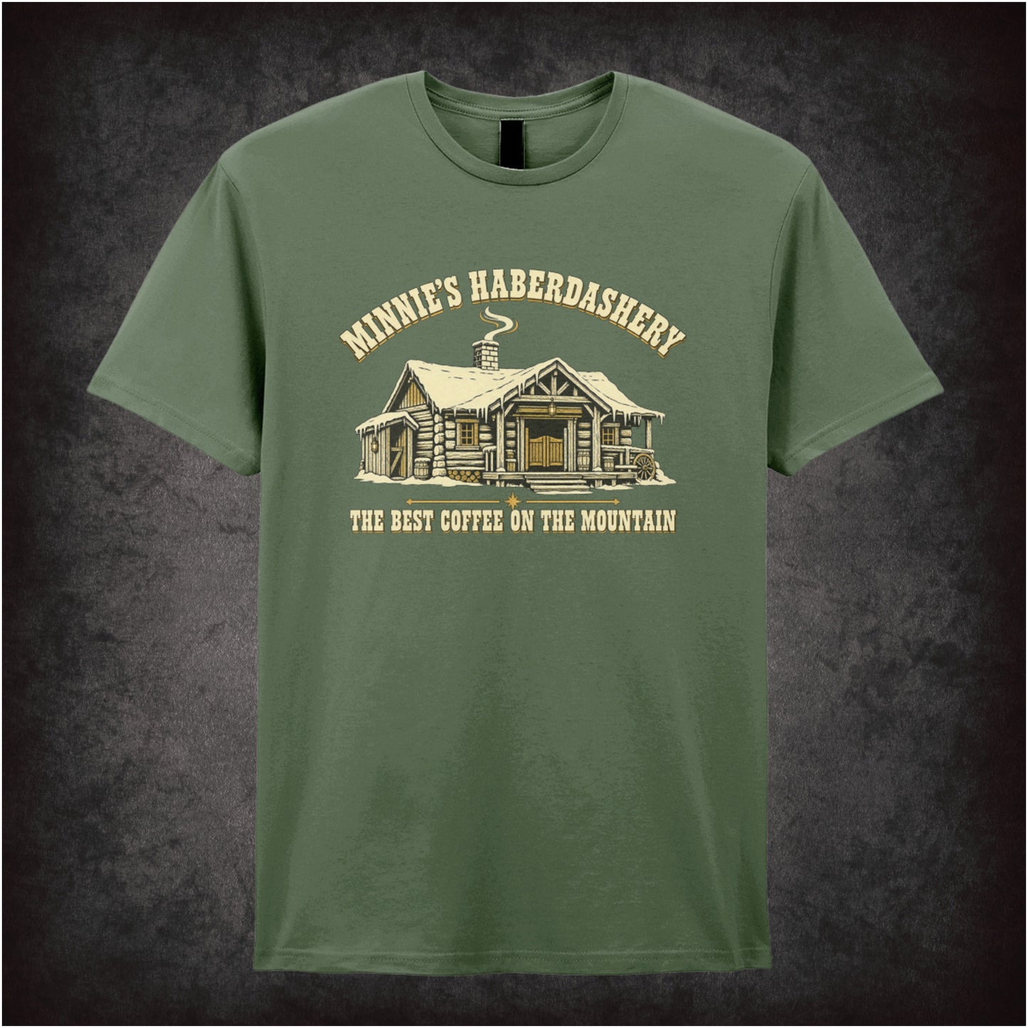 Minnie’s Haberdashery ‘The best coffee on the mountain’ T-shirt in military green from The Hateful Eight