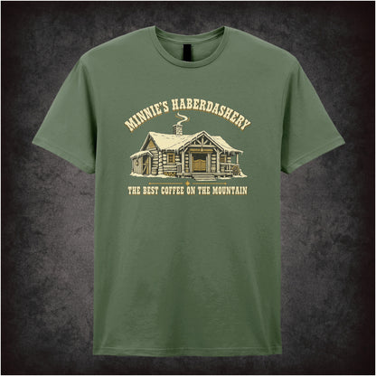 Minnie’s Haberdashery ‘The best coffee on the mountain’ T-shirt in military green from The Hateful Eight