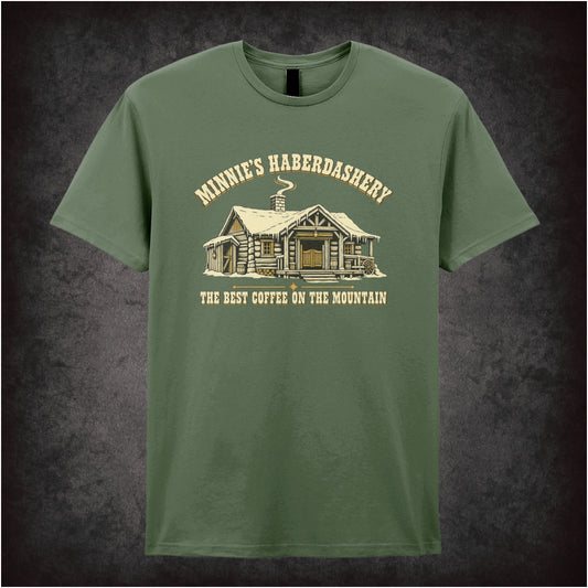 Minnie’s Haberdashery ‘The best coffee on the mountain’ T-shirt in military green from The Hateful Eight