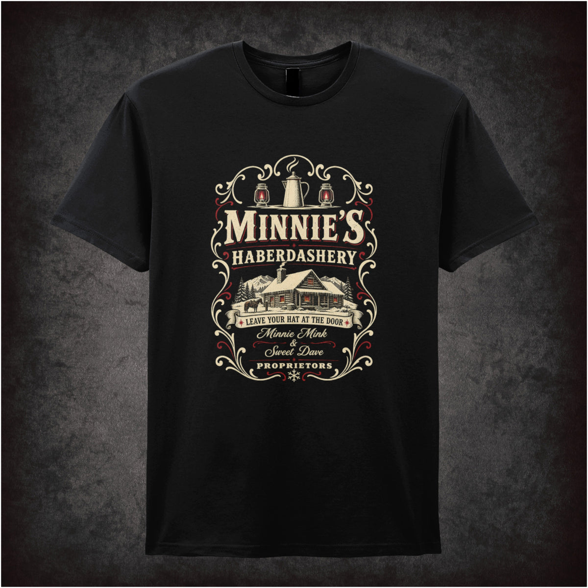 Minnie’s Haberdashery logo T-shirt in black from The Hateful Eight