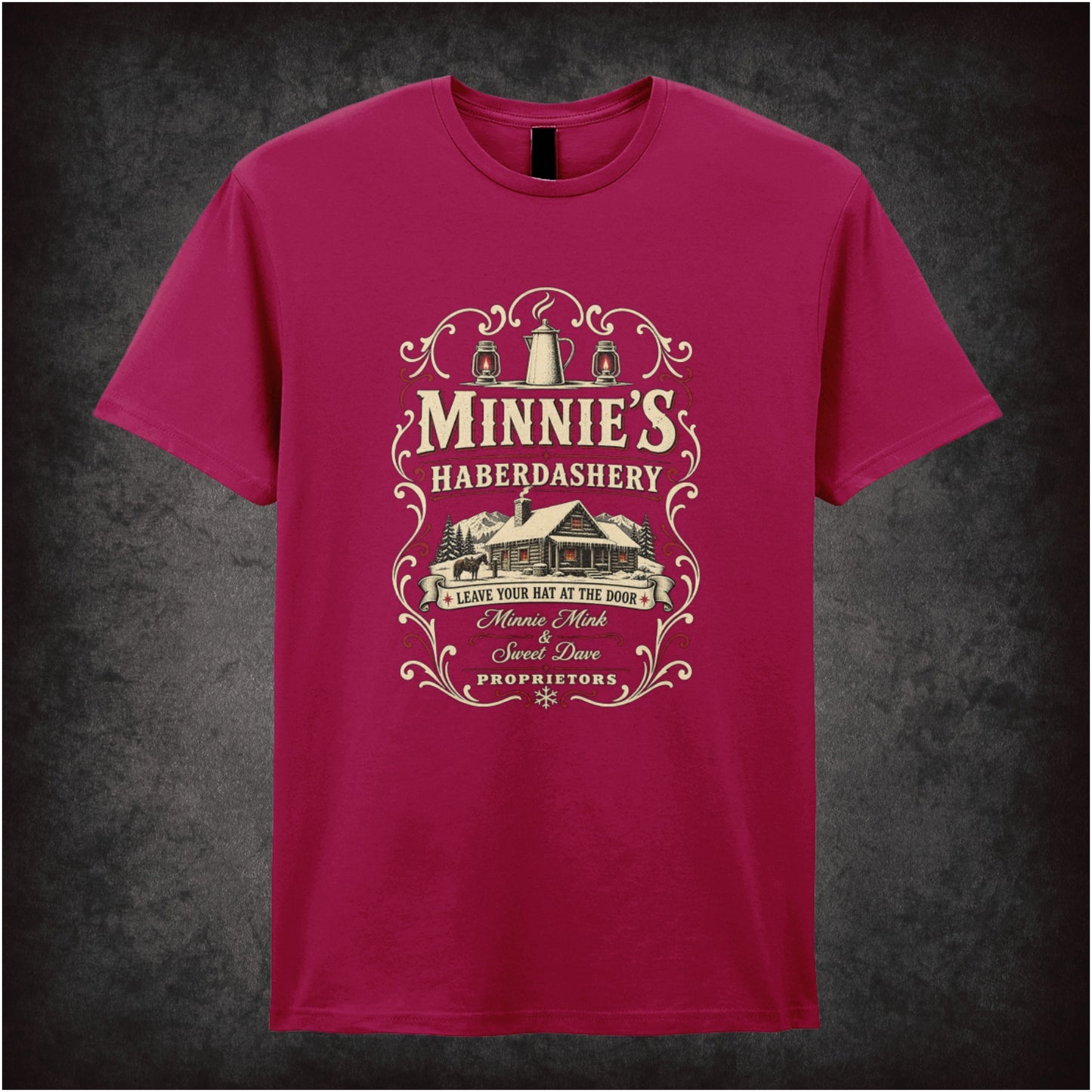 Minnie’s Haberdashery logo T-shirt in cardinal red from The Hateful Eight