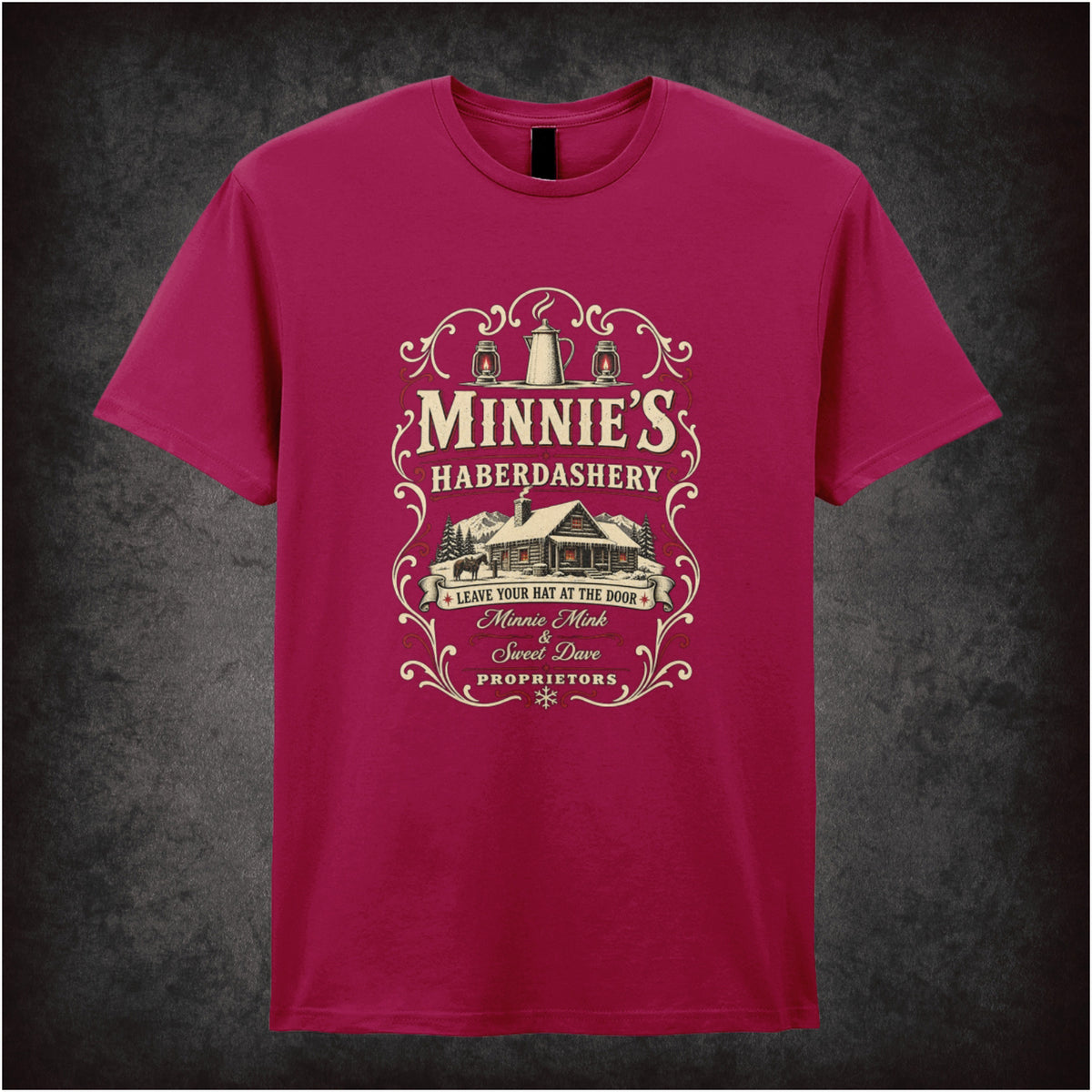 Minnie’s Haberdashery logo T-shirt in cardinal red from The Hateful Eight