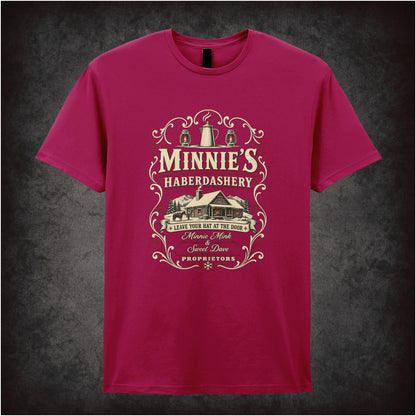 Minnie’s Haberdashery logo T-shirt in cardinal red from The Hateful Eight