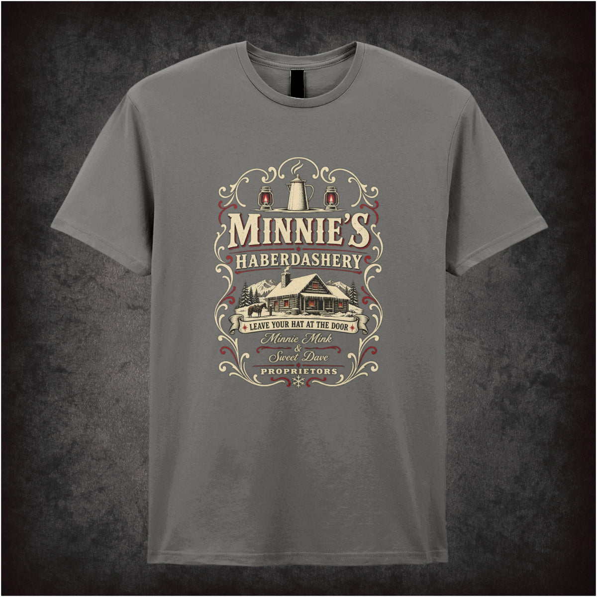 Minnie’s Haberdashery logo T-shirt in charcoal from The Hateful Eight