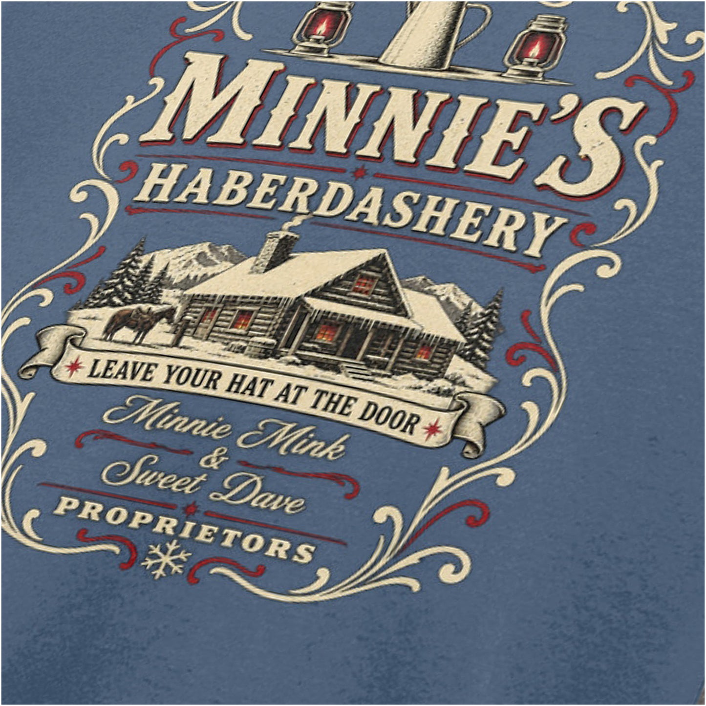 Minnie’s Haberdashery logo close up T-shirt in indigo from The Hateful Eight