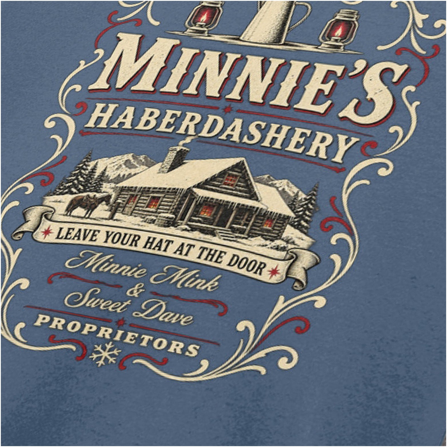 Minnie’s Haberdashery logo close up T-shirt in indigo from The Hateful Eight