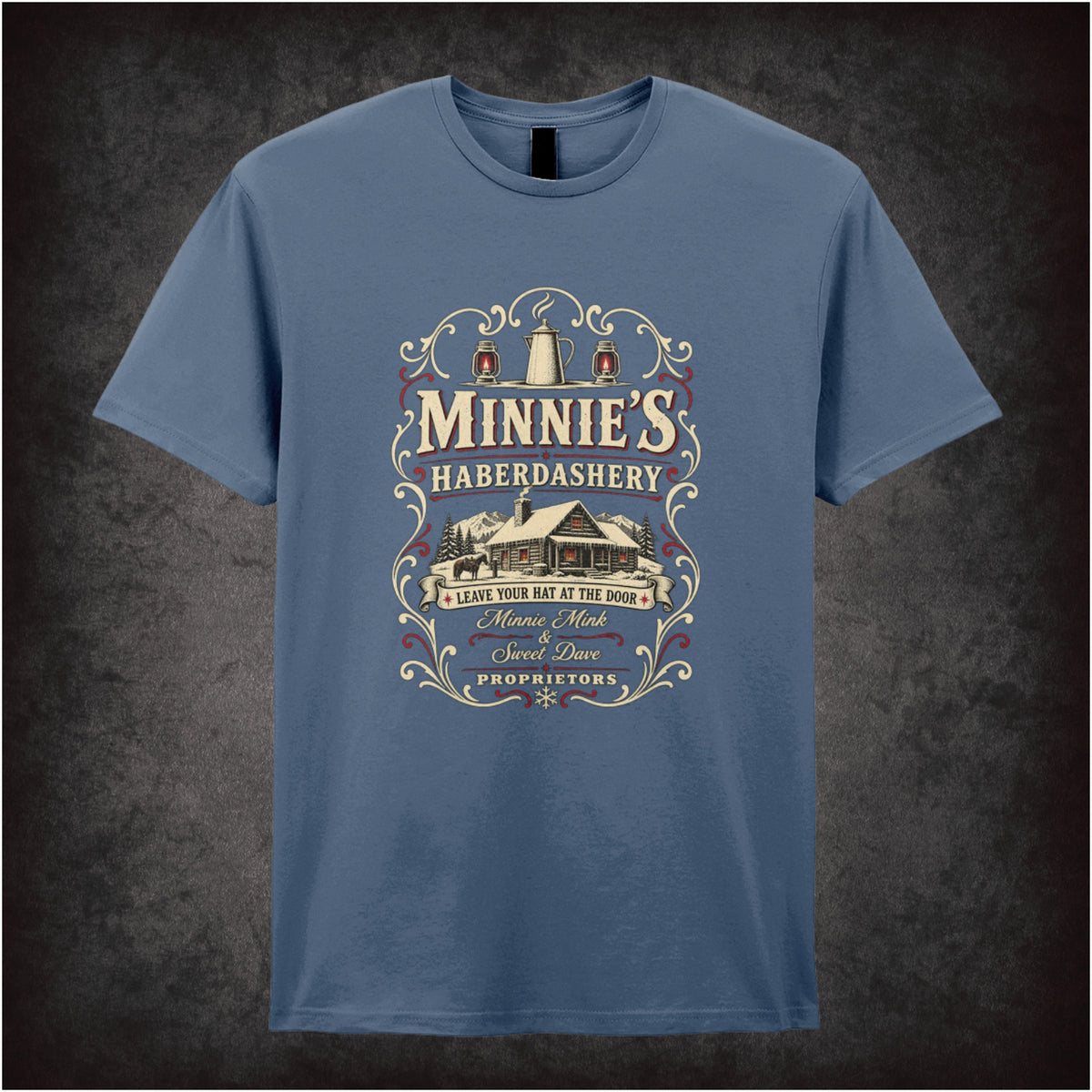Minnie’s Haberdashery logo T-shirt in indigo from The Hateful Eight