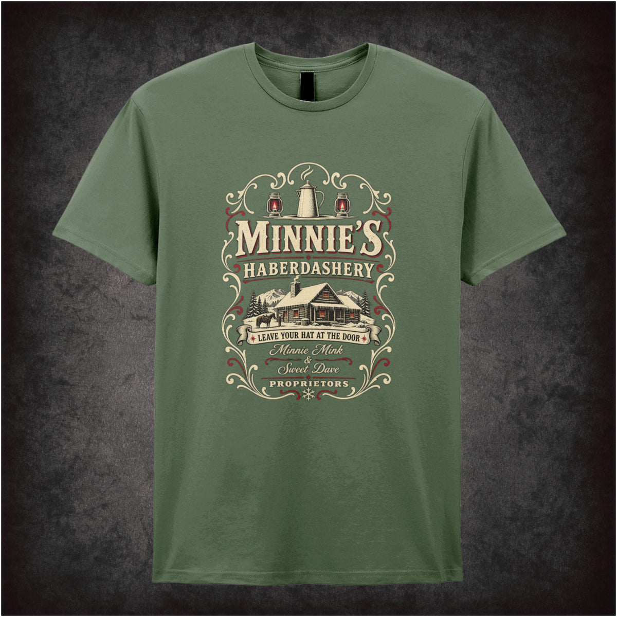 Minnie’s Haberdashery logo T-shirt in military green from The Hateful Eight