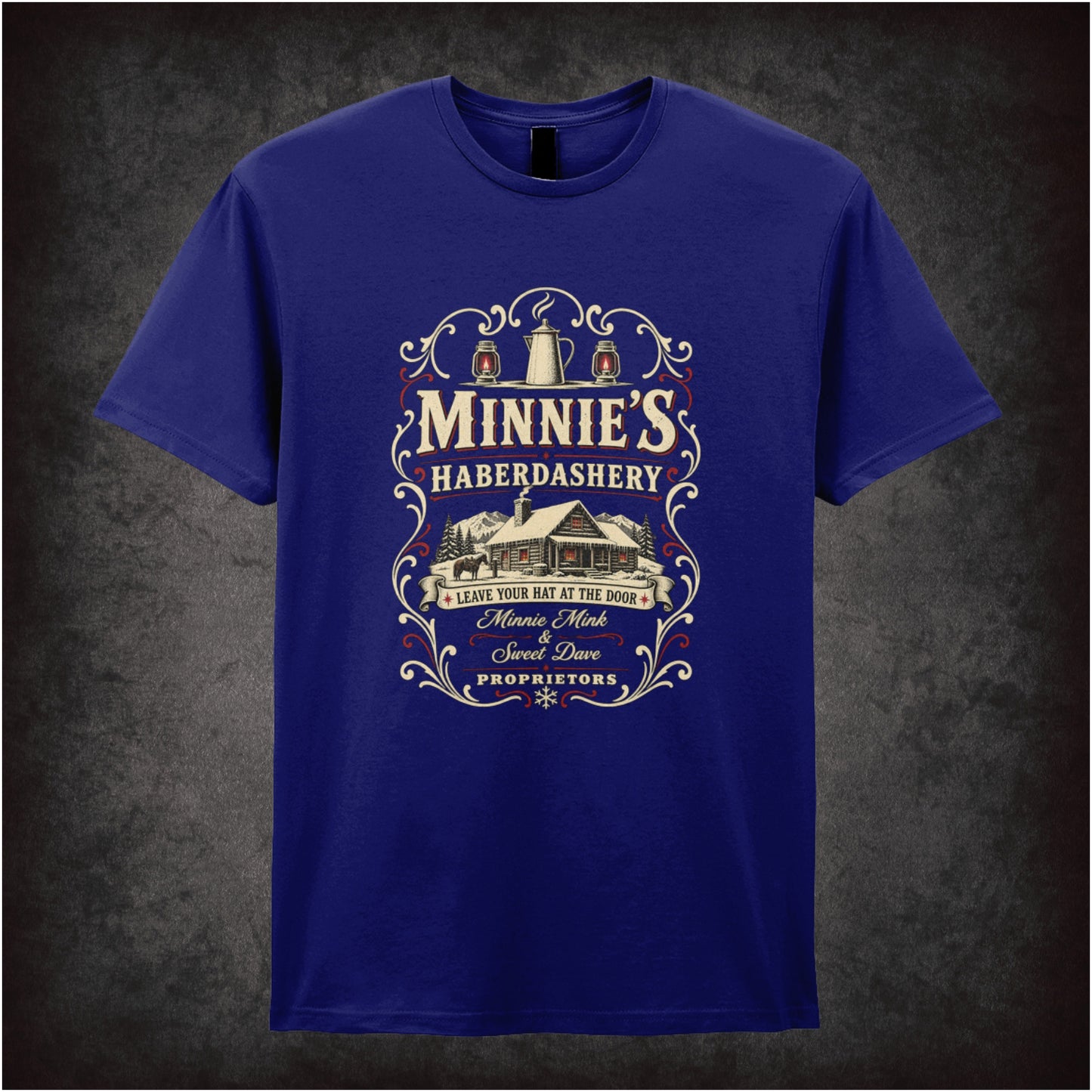 Minnie’s Haberdashery logo T-shirt in navy from The Hateful Eight