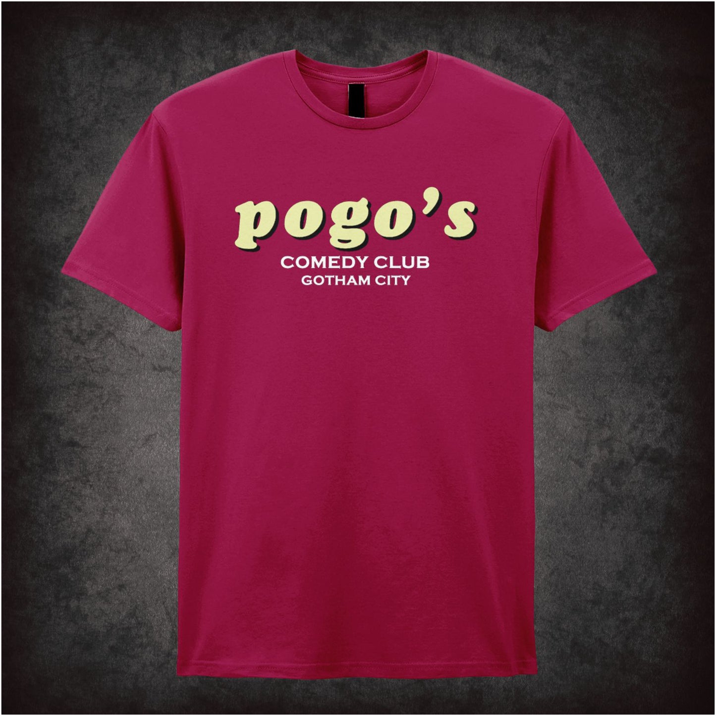 Pogos Comedy Club Gotham City Joker inspired unisex T-shirt with graphic design