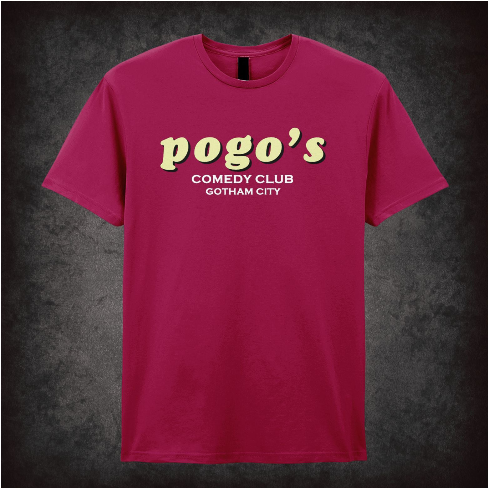 Pogos Comedy Club Gotham City Joker inspired unisex T-shirt with graphic design