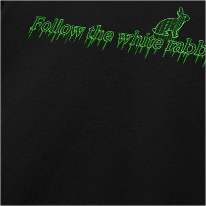 Follow the White Rabbit graphic close up T-shirt in black inspired by The Matrix