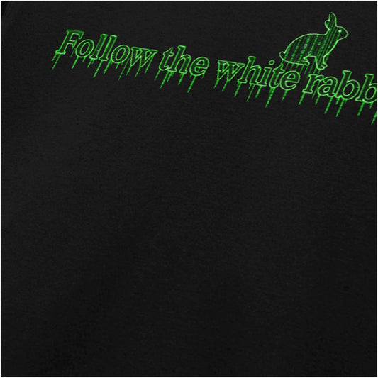 Follow the White Rabbit graphic close up T-shirt in black inspired by The Matrix