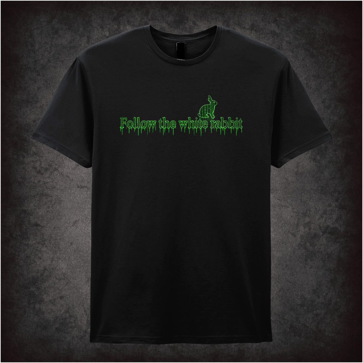 Follow the White Rabbit graphic T-shirt in black inspired by The Matrix
