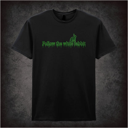 Follow the White Rabbit graphic T-shirt in black inspired by The Matrix