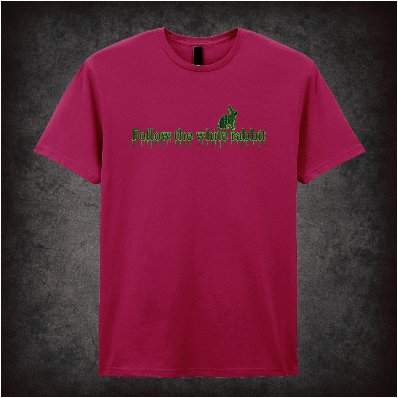 Follow the White Rabbit graphic T-shirt in cardinal red inspired by The Matrix