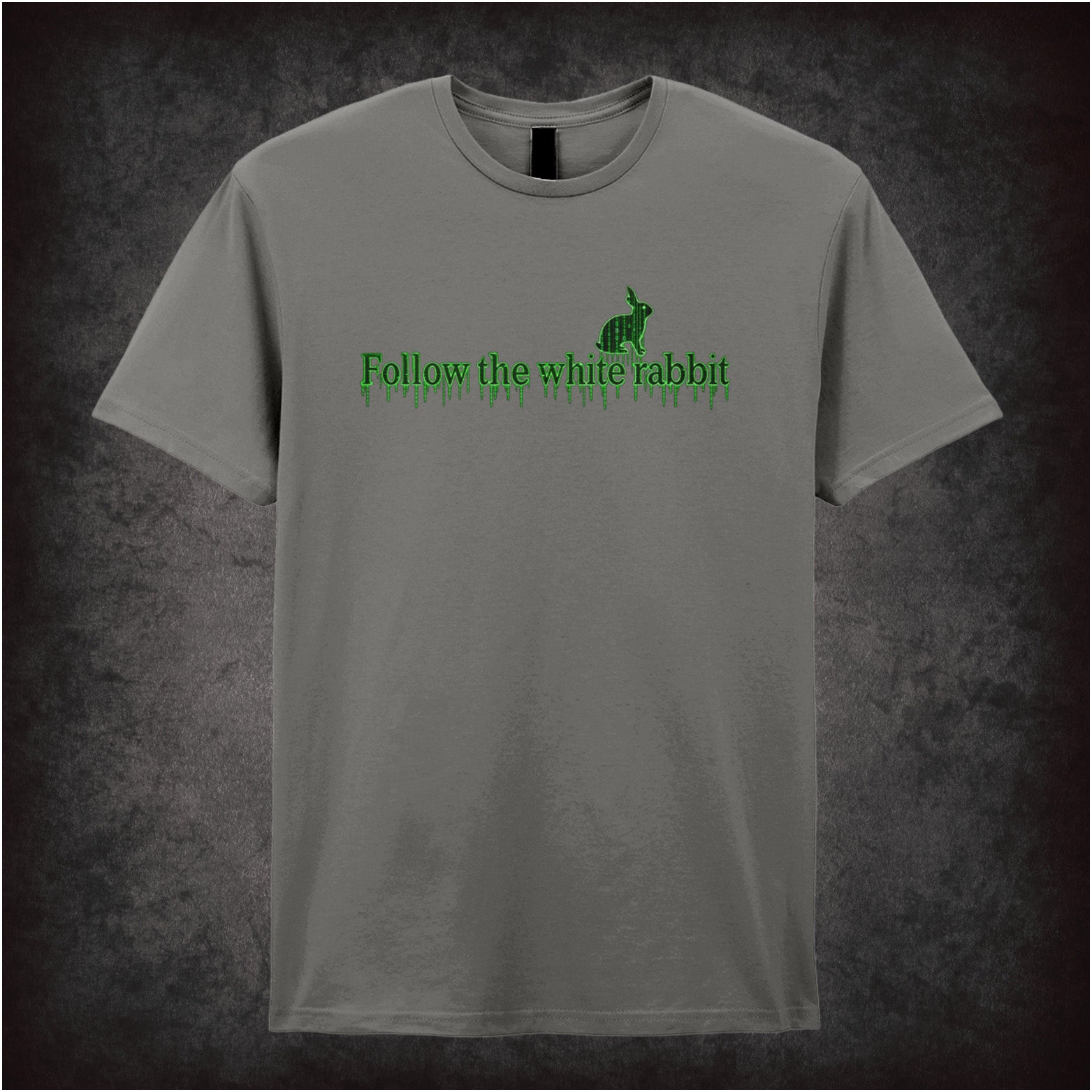 Follow the White Rabbit graphic T-shirt in charcoal inspired by The Matrix