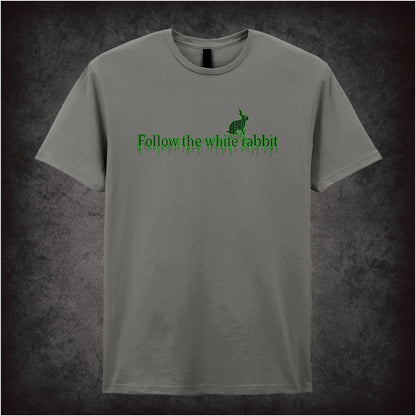 Follow the White Rabbit graphic T-shirt in charcoal inspired by The Matrix