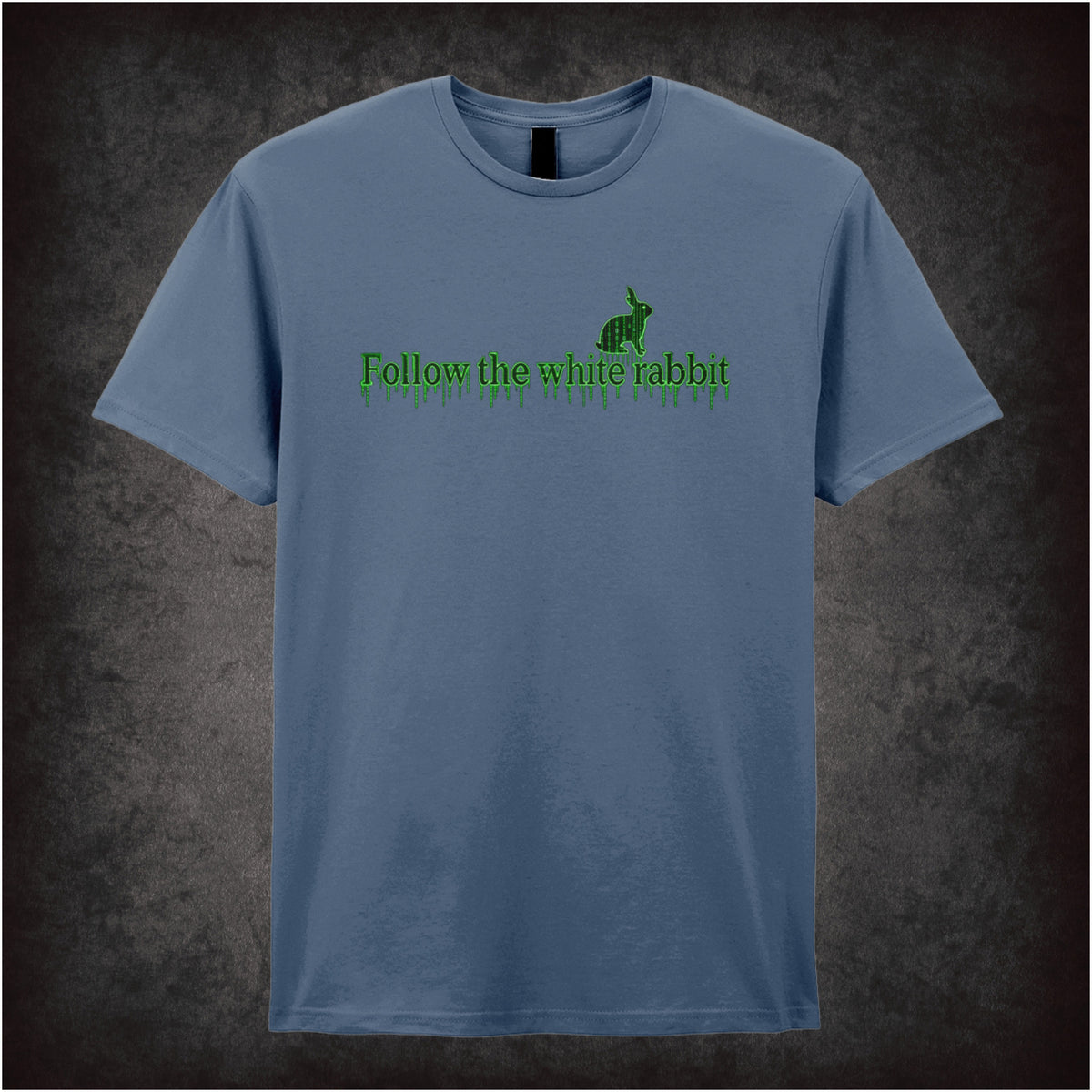 Follow the White Rabbit graphic T-shirt in indigo inspired by The Matrix