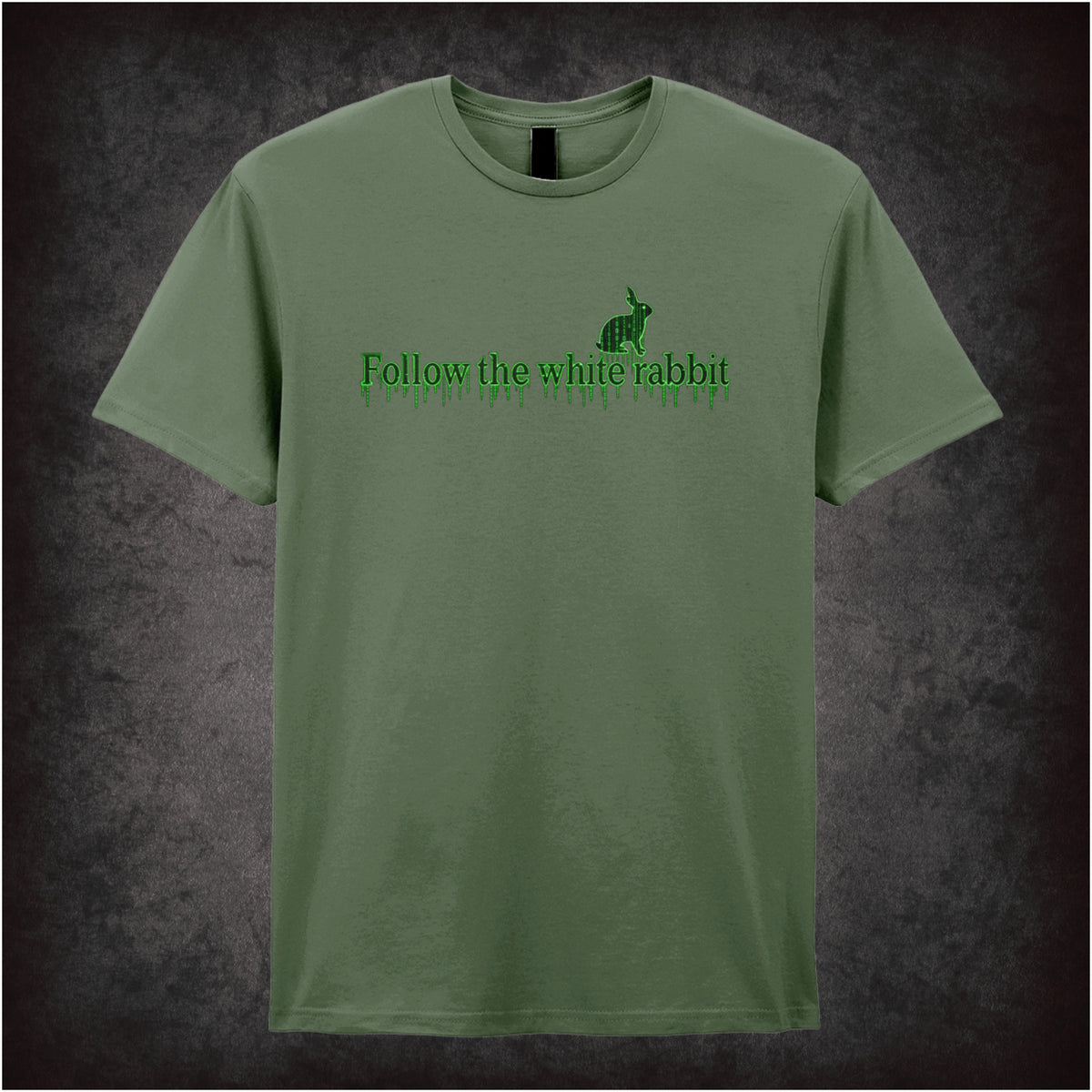 Follow the White Rabbit graphic T-shirt in military green inspired by The Matrix