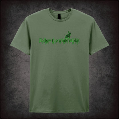 Follow the White Rabbit graphic T-shirt in military green inspired by The Matrix