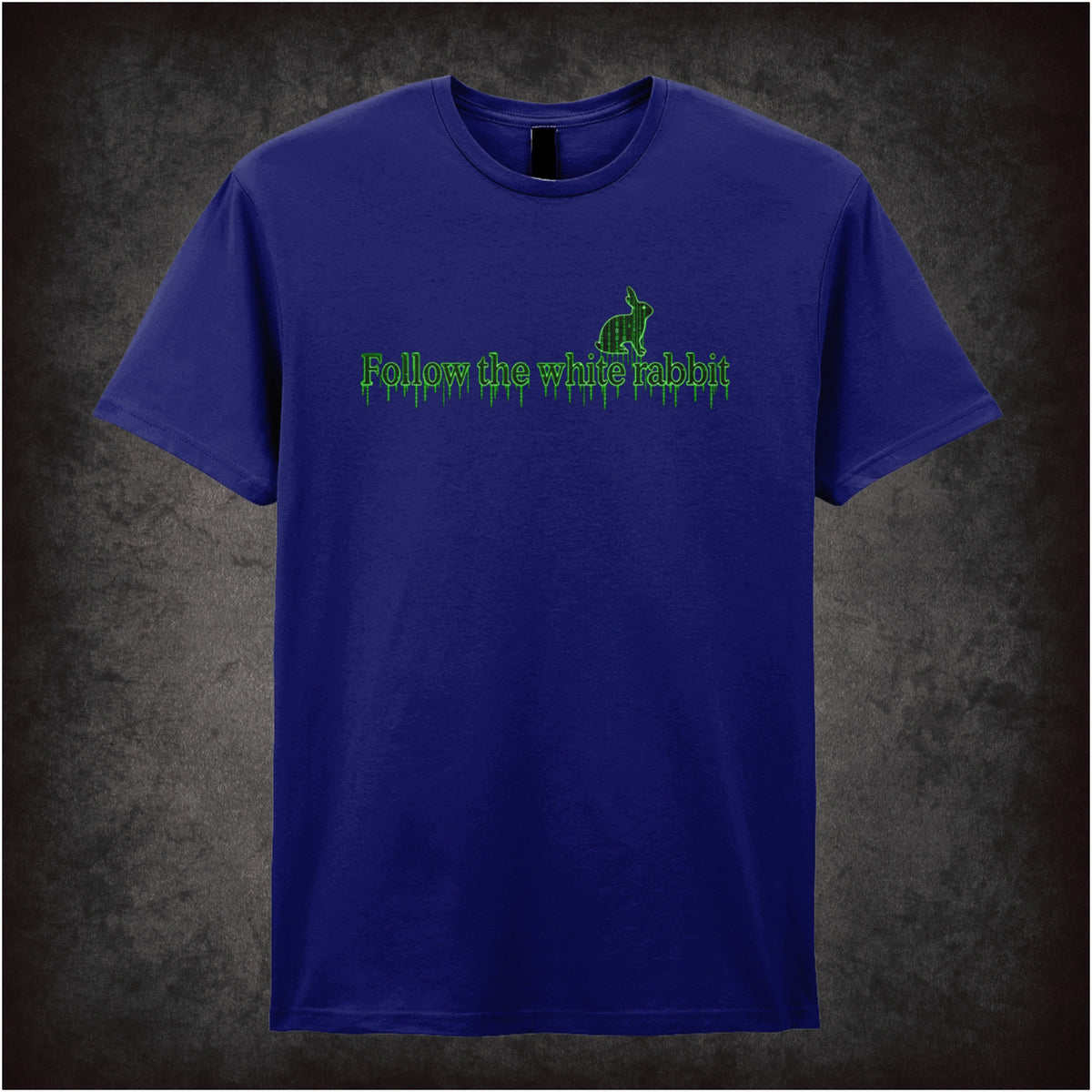 Follow the White Rabbit graphic T-shirt in navy inspired by The Matrix