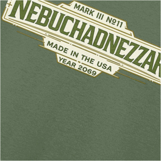 Nebuchadnezzar ship spec label close up T-shirt in military green from The Matrix