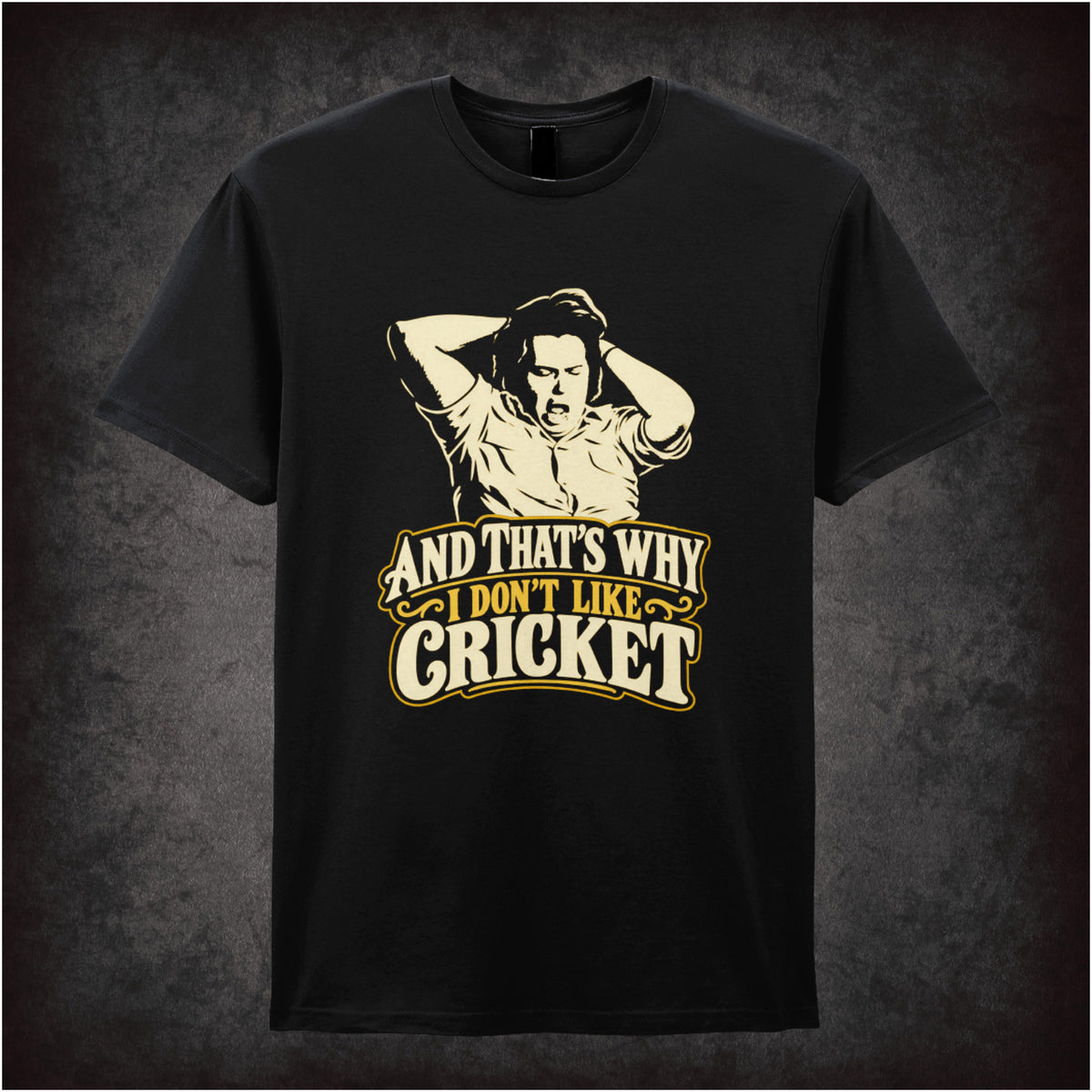 “Bob Fossil ‘And that’s why I don’t like cricket’ T-shirt in black from The Mighty Boosh”