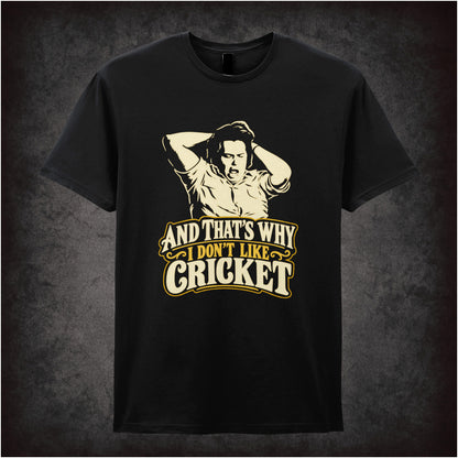 “Bob Fossil ‘And that’s why I don’t like cricket’ T-shirt in black from The Mighty Boosh”