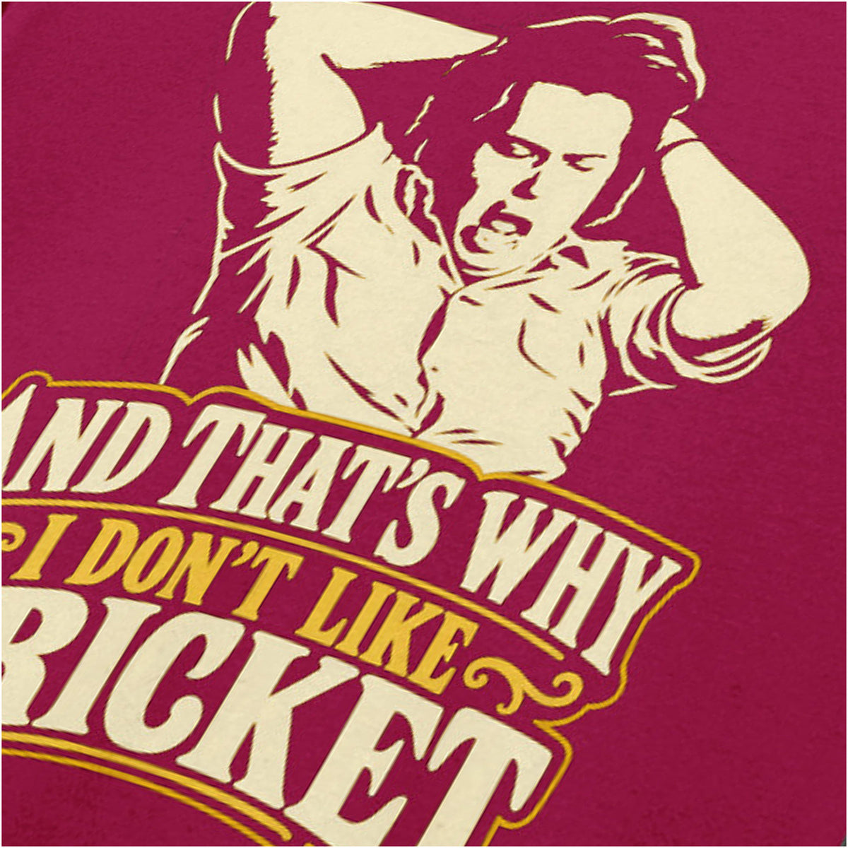 “Bob Fossil ‘And that’s why I don’t like cricket’ close up T-shirt in cardinal red from The Mighty Boosh”