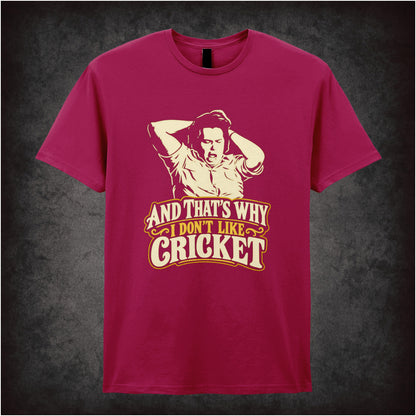 “Bob Fossil ‘And that’s why I don’t like cricket’ T-shirt in cardinal red from The Mighty Boosh”