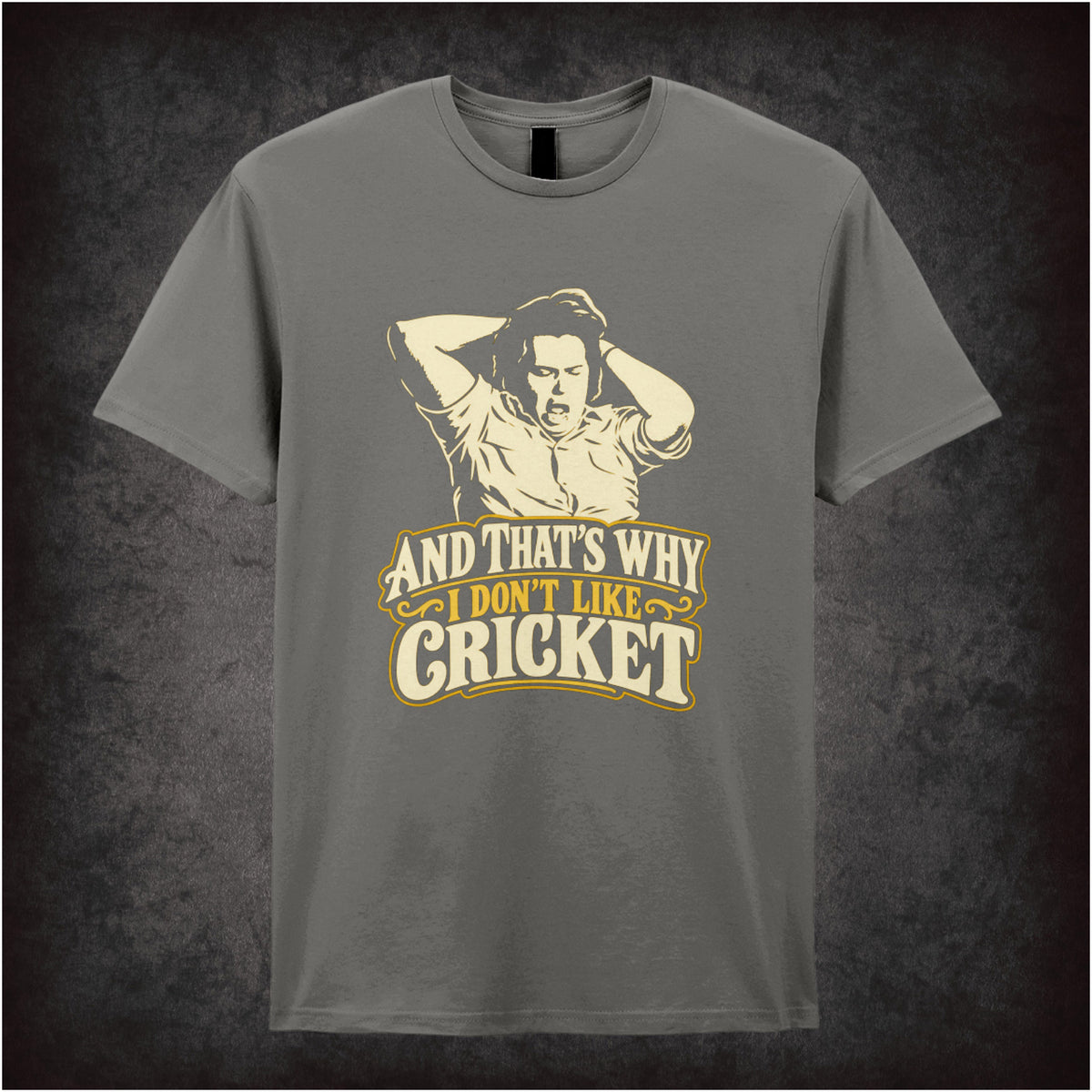 “Bob Fossil ‘And that’s why I don’t like cricket’ T-shirt in charcoal from The Mighty Boosh”