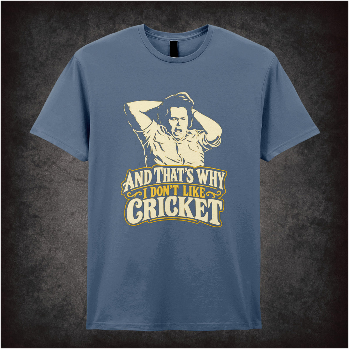 “Bob Fossil ‘And that’s why I don’t like cricket’ T-shirt in indigo from The Mighty Boosh”
